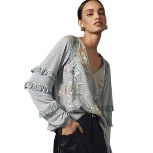 Anthropologie Maeve Embroidered V-Neck Blouse With Ruffled Sleeves & Floral Desi